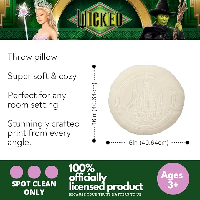 Wicked: for Good Bedding Emerald City Faux Fur Round Throw Pillow, 16 in x 16 in, (Officially Licensed Product) by Franco Collectibles