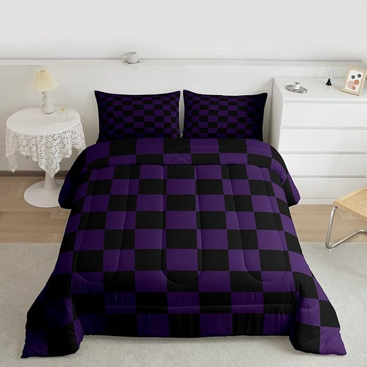 Checkered Bedding Set for Boys Girls Purple Black Plaid Comforter Set Toddler Size Cute Retro Neutral Checkerboard Geometric Duvet Quilt Vintage Aesthetic Bedroom Decor 2 Pcs with 1 Pillow Cases
