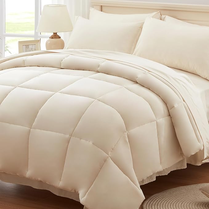 Anluoer Queen Comforter Set 7 Piece, Cream Bed in a Bag with Sheets, Comforters Queen Size Bedding Sets with 1 Comforter, 2 Pillow Shams, 2 Pillowcases, 1 Flat Sheet,1 Fitted Sheet