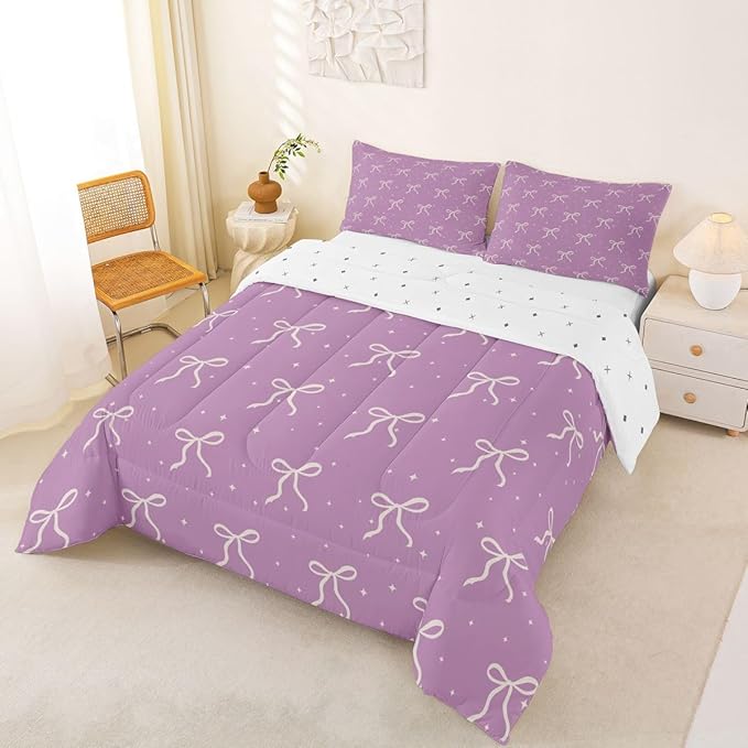 Erosebridal Ribbon Bow Comforter Queen Size Coquette Bowknot Comforter Set Cute Kawaii Preppy Bows Bedding Set for Teen Girls Kids Women Dreamy Princess Purple Aesthetic Quilt Duvet