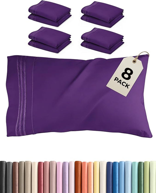 King Pillow Cases Set of 8 - Ultra Soft Hotel Quality Pillowcase Covers - Comfy & Wrinkle Free - Shrink, Stain and Fade Resistant - Easy-Care, Machine Washable Pillow Protectors - 8 Piece Set - Purple