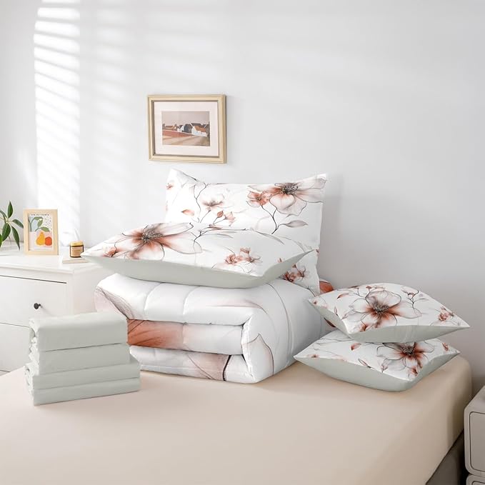 Erosebridal Light Brown Flower Twin 7 Pcs Bedding Set, Boho Floral Comforter Set with Sheets, Watercolor Flower Chic Bed Sets for Women Adults Girls, Ink Painting Style Blossom & Leaf Bed in A Bag