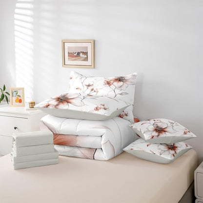 Erosebridal Light Brown Flower King 7 Pcs Bedding Set, Boho Floral Comforter Set with Sheets, Watercolor Flower Chic Bed Sets for Women Adults Girls, Ink Painting Style Blossom & Leaf Bed in A Bag