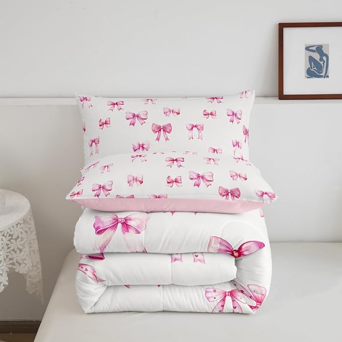 Feelyou Pink Girls Bow Bedding Set Boys Girls Queen Size Bow Comforter Set for Kids Women Men Ultra Soft Cute Bowknot Comforter Kawaii Duvet Set Room Decor Lovely Quilt Set