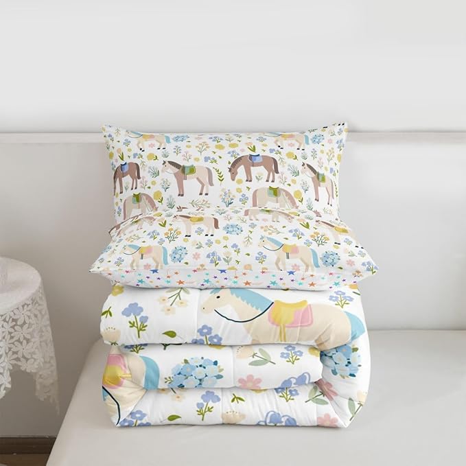 Cartoon Horse Comforter Set Full Size,Bohemian Flowers Bedding Sets 3Pcs for Kids Girls Boys Women Room Decor,Rustic Farmhouse Duvet Insert Farm Animals Plants Down Comforter,2 Pillowcases