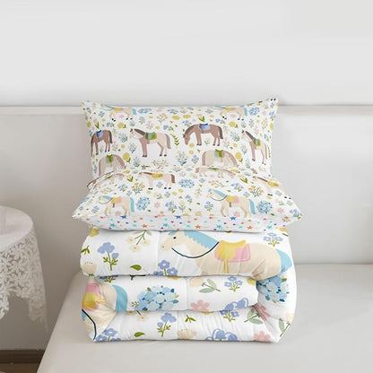 Cartoon Horse Comforter Set Queen Size,Bohemian Flowers Bedding Sets 3Pcs for Kids Girls Boys Women Room Decor,Rustic Farmhouse Quilted Duvet Farm Animals Plants Down Comforter,2 Pillowcases