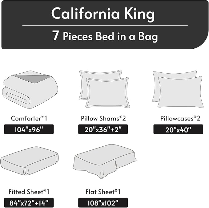 MUXHOMO 7 Pieces California King Comforter Set, Reversible Bed in a Bag Cal King Size, All Season Bedding Set with Comforter, Flat Sheet, Fitted Sheet, Pillowcases & Shams, Dark Grey & Light Grey