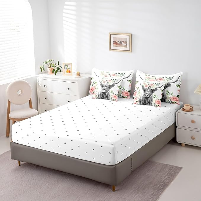 Feelyou Highland Cow Bed in a Bag Kids Rose Floral Bull Cattle Bedding Set Girls Western Comforter Set Queen Size 7 Pieces Farmhouse Bed Set with Comforter, Sheet Set, Pillowcases, Pillow Covers