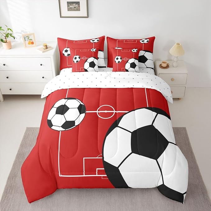 Erosebridal Sports Theme 7 Piece Bedding Set Twin Football Comforter Set with Sheets Football Court Soccer Ball Pattern Bed in a Bag Boys Playground Red White for Kids Boys Girls