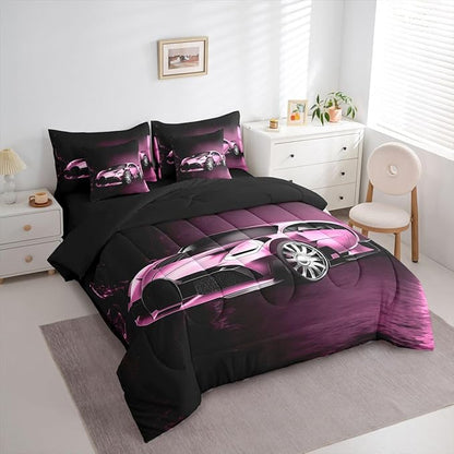 Feelyou Sports Car 7 Piece Bedding Set Pink Race Car Comforter Set with Sheets Kids Boys Girls Extreme Sports Theme Bed in a Bag Cool Speed Luxury Car Decor Bed Set with 2 Pillowcases Full Size