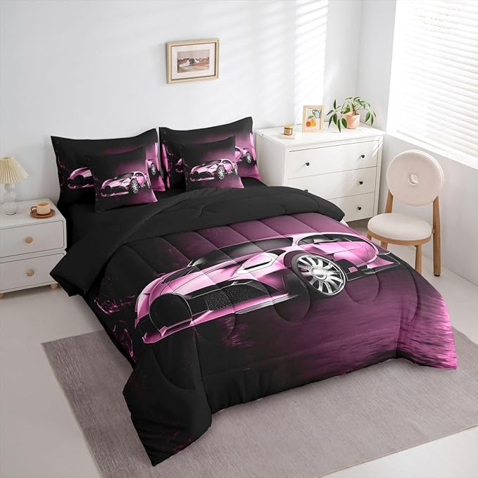 Feelyou Sports Car 7 Piece Bedding Set Pink Race Car Comforter Set with Sheets Kids Boys Girls Extreme Sports Theme Bed in a Bag Cool Speed Luxury Car Decor Bed Set with 2 Pillowcases King Size