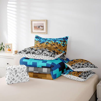Pixelated Miners Gaming Bedding Set Queen Size,Blue Brown Grey 7pcs Comforter Set Kids Boys Teens Room Decor,Construct Theme Games Flat + Fitted Sheet Geometric Block 2 Cushion Cover,2 Pillowcase