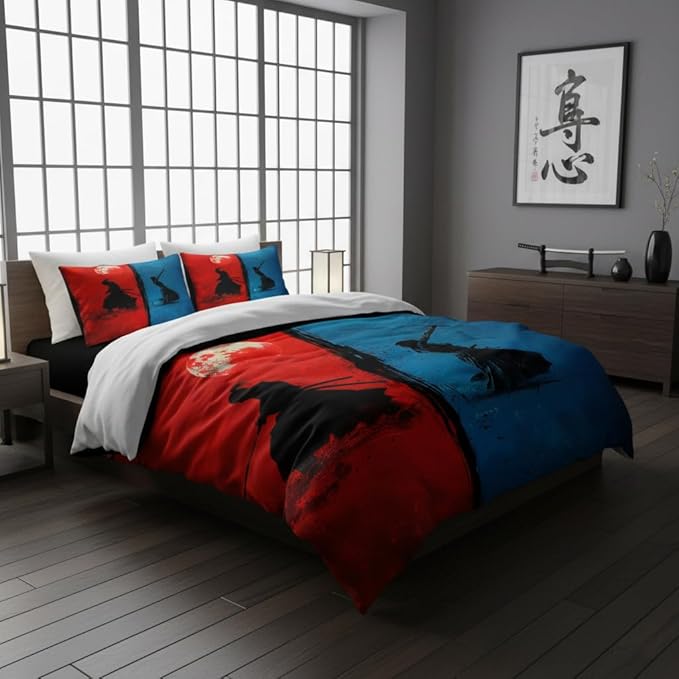 Japanese Anime Comforter Set Queen Size, Red Blue Swordsman Bedding Set forTeens Boys, 3 Pcs Soft Microfiber Quilted Set with 2 Pillowcases, 90"x90"