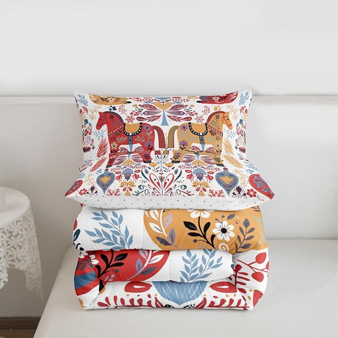 Bohemian Horse Bedding Sets Twin Size,Floral Bird Squirrel Comforter Set 2Pcs for Kids Girls Boys Women Room Decor,Christmas Bells Snowflake Quilted Duvet Scandinavian Art Down Comforter,1 Pillowcase