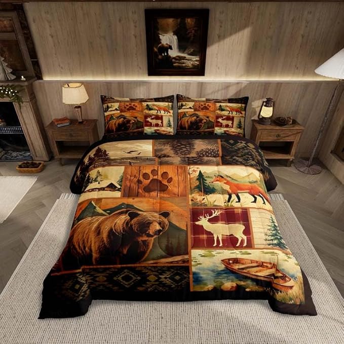 Feelyou Western Rustic Bear Comforter Set Queen Western Rustic Cabin Bedding Forest Animal Comforter Elk Wildlife Hunting Down Bear Deer Fox Patchwork Quilt Set Nordic Bedroom Decor
