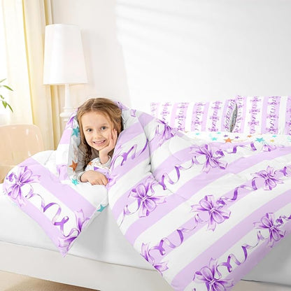 Erosebridal Purple Watercolor Bow Bedding Set Twin Dreamy Princess Style Comforter Set Cute Kawaii Bowknot Bedding Comforter Sets for Kids Girls Teen Women,Romantic Coquette Bow Tie Quilt