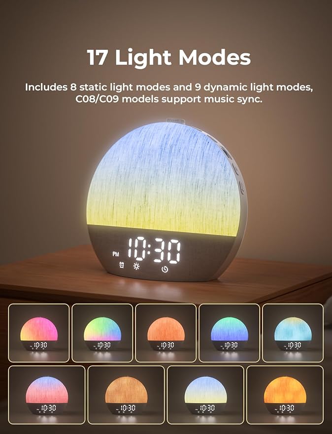 LIORQUE Sunrise Alarm Clock, Digital Alarm Clocks Bedside, 30 Sleep Sounds, Sleep Timer, Adjustable Volume & Brightness,Screen Free Design, Bluetooth, Wake up Light with White Noise for Heavy Sleepers