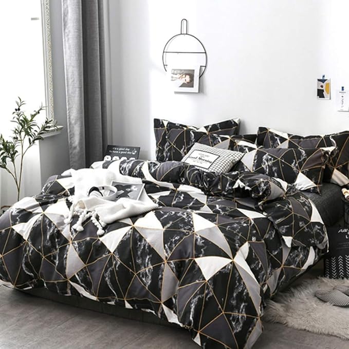 CLOTHKNOW Black White Marble Twin/Twin XL Comforter Set Geometric Triangle Bedding Comforter Sets Black White Comforter with 2 x Pillowcases