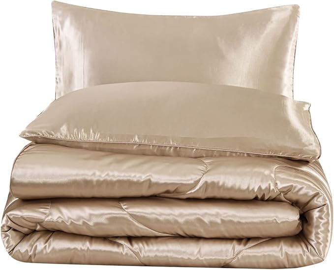 NTBED Silky Satin Comforter Set Queen Champagne, Soft Lightweight Microfiber Luxury Sexy Quilted Bedding Sets with 2 Matching Pillow Covers for Summer Spring Autumn