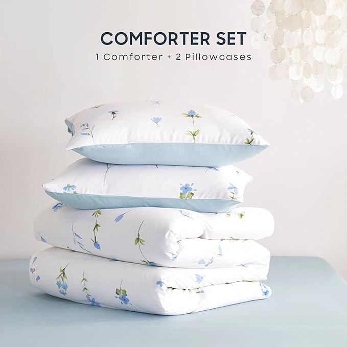 Wake In Cloud - Floral Comforter Set, Cottagecore Cute Aesthetic Watercolor Tiny Flowers and Leaves, Soft Lightweight Bedding for Women Teen Girls, 3 Pieces, Blue, Full Size
