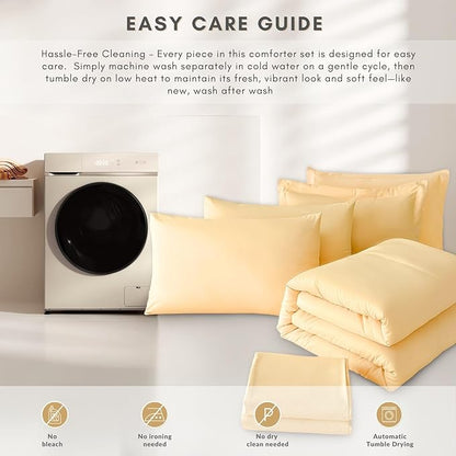 Cal King Comforter Duvet Cover Set Buttercream - 7-Piece Bed in a Bag, Festive Gift Double Brushed Micorfiber All-Season Soft Bedding with Sheets & Envelope Pillowcases(104"x90",Cal King)