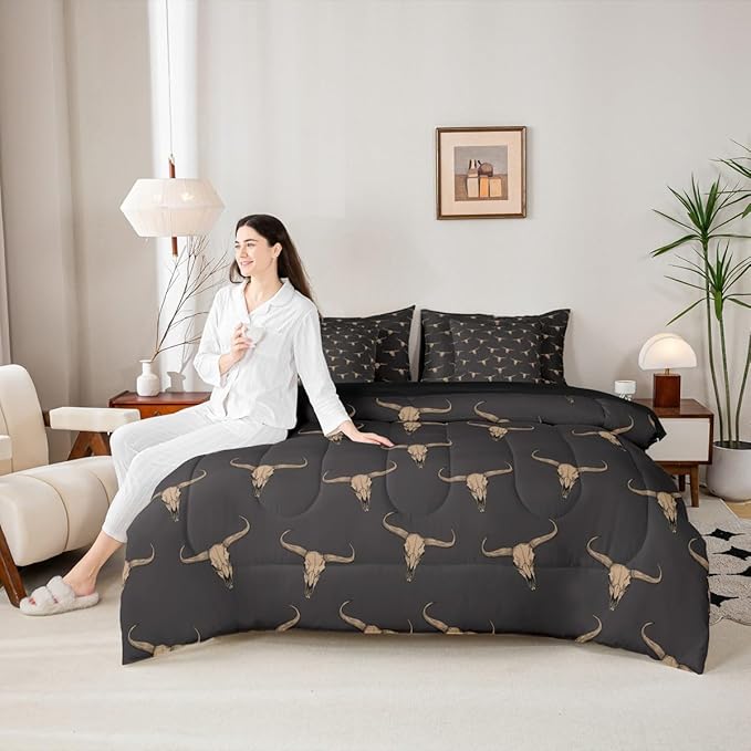 Erosebridal Bull Skull 7 Piece Comforter Set King Ethnic Bohemian Bedding for Men Boys | Tribal Steer Skull Wildlife Aztec Bedroom Decor Farmhouse Cabin Lodge Sheet Set with Comforter,Black Brown