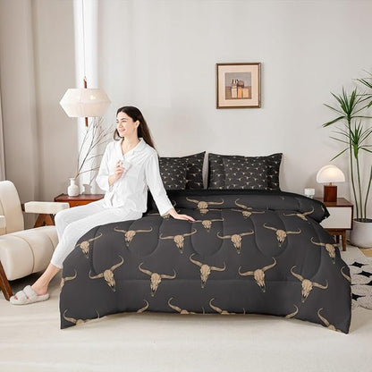 Erosebridal Bull Skull 7 Piece Comforter Set King Ethnic Bohemian Bedding for Men Boys | Tribal Steer Skull Wildlife Aztec Bedroom Decor Farmhouse Cabin Lodge Sheet Set with Comforter,Black Brown