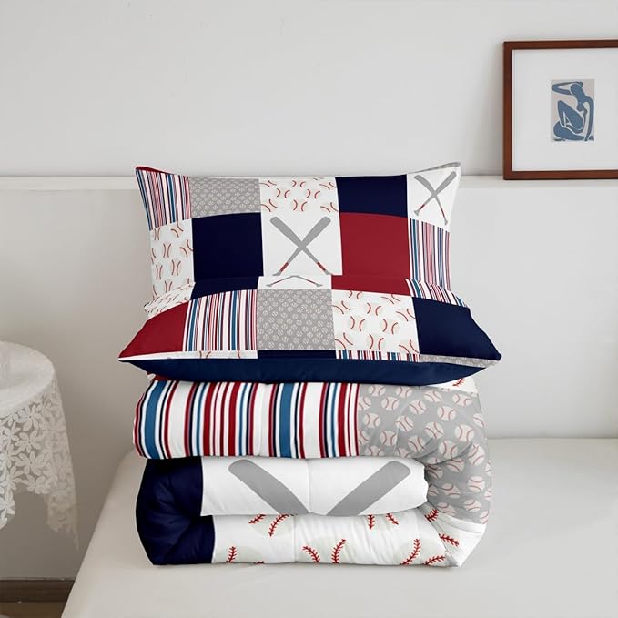 Feelyou Baseball Comforter Set Full Size Sports Game Comforter Baseball Gaming Bedding Set Gift for Baseball Lover Duvet Set Room Decor White Navy Quilt Set