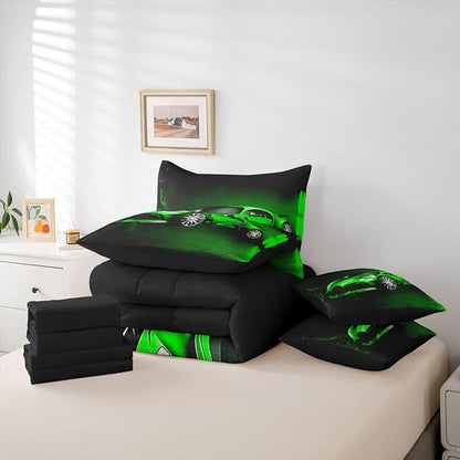 Feelyou Sports Car 7 Piece Bedding Set Green Race Car Comforter Set with Sheets for Kids Boys Girls Extreme Sports Theme Bed in a Bag Cool Speed Luxury Car Decor Bed Set with 2 Pillowcases Full