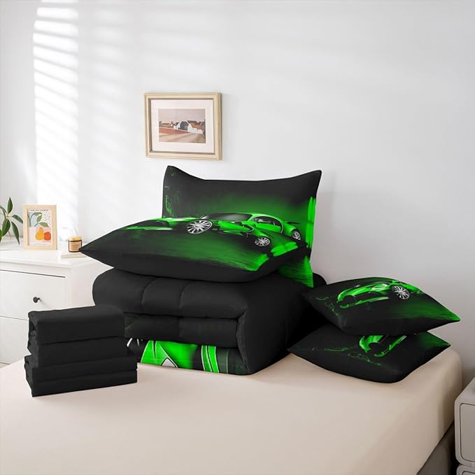 Feelyou Sports Car 7 Piece Bedding Set Green Race Car Comforter Set with Sheets for Kids Boys Girls Extreme Sports Theme Bed in a Bag Cool Speed Luxury Car Decor Bed Set with 1 Pillowcase Twin