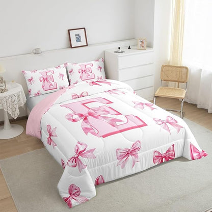 Erosebridal Dreamy Princess Bowknot Girls King Bedding Set Kids Pink Initial Letter E Bedding Comforter Sets Cute Kawaii Letter Bow Comforter Set Romantic Chic Bowknot Quilt Duvet Room Decor