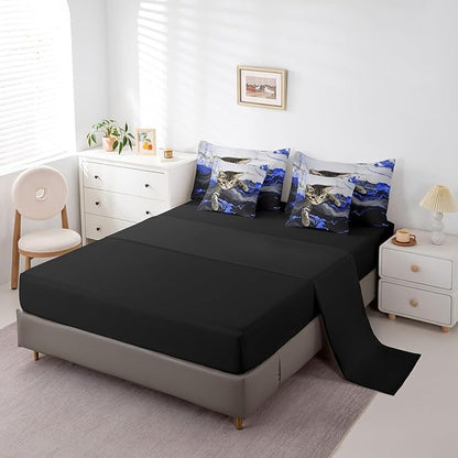 Erosebridal Marble Kids Bedding Set Cartoon Cat Cute Marbling Comforter Sets with Sheets for Boys Girls Kids Modern Blue Liquid Quicksand Bed Set Watercolor Artwork Bed in A Bag Twin