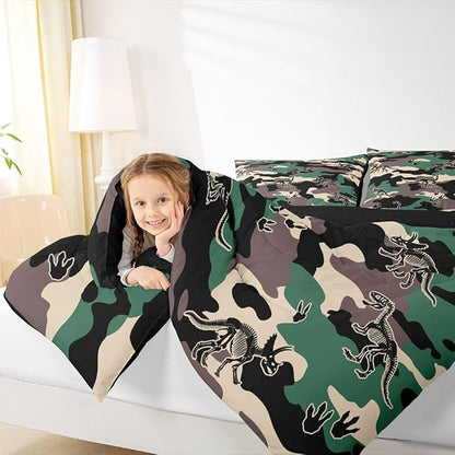Erosebridal Army Camouflage Comforter Set Toddler Size Camo Dino Bedding Set for Kids Boys Girls 3D Vintage Hunting Theme Comforter Dinosaur Skeleton Farmhouse Green Quilt Bedroom Decor