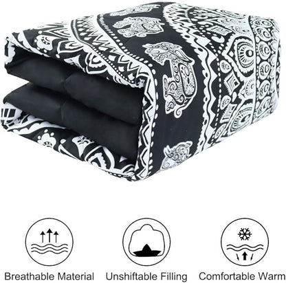 uxcell 3-Piece Bohemian Black Comforter Sets - 3D Printed Bohemia Themed - All-Season Down Quilted Duvet - Reversible Design - Includes 1 Comforter, 2 Pillow Cases Queen