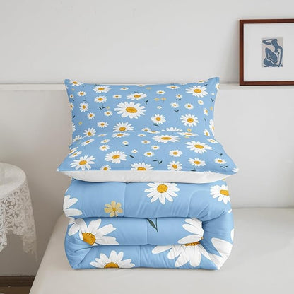 Manfei White Daisy Comforter Set King Size, Botanical Garden Artwork Quilt Set with 2 Pillowcases, Plants Theme Floral Bedding Set 3pcs for Kids Girls Room Decor Lightweight Duvet Insert