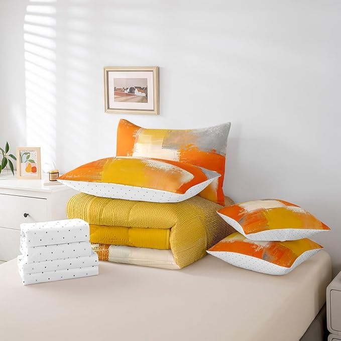 Erosebridal White Gray Orange King Comforter Set 7pcs Aesthetic Bed in a Bag, Watercolor Bedding Comforter Sets (1 Comforter + 1 Fitted Sheet + 1 Flag Sheet + 2 Pillowcase + 2 Throw Pillow Cover)