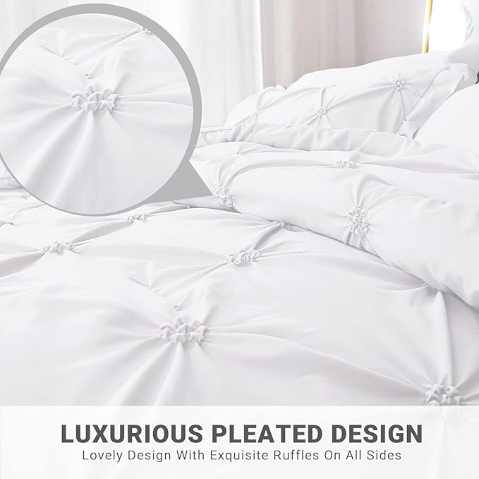 JOLLYVOGUE White Twin Size Comforter Sets 5 Pieces, Pintuck Bed in a Bag Comforter Set for Bedroom, Bedding Comforter Sets with Comforter, Sheets,Ruffled Shams & Pillowcases