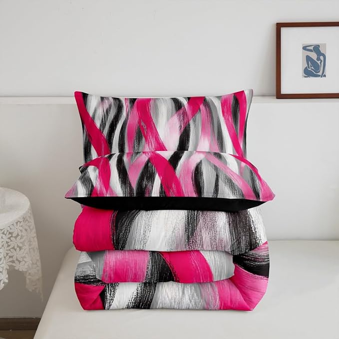 Erosebridal Geometric Stripes Comforter Queen Modern Abstract Comforter Set Grey Black Hot Pink Bedding Set for Kids Girls Teen Women Swirl Lines Quilt Duvet Room Decor 3 Pcs