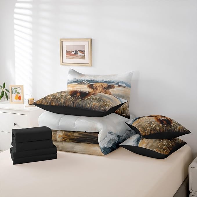Erosebridal Brown Cow Print Queen Bedding Set - Western Highland Bull Bed in A Bag,Rustic Flowers Floral Decor Comforter Sets with Sheets, Farmhouse Country Style 7 Pieces Bed Set Bedroom Decor
