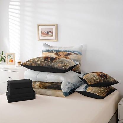 Erosebridal Brown Cow Print King Bedding Set - Western Highland Bull Bed in A Bag,Rustic Flowers Floral Decor Comforter Sets with Sheets, Farmhouse Country Style 7 Pieces Bed Set Bedroom Decor
