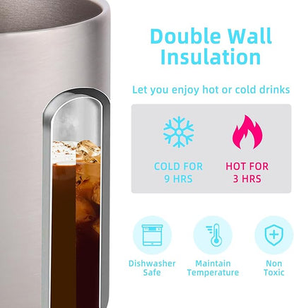 Volhoply 14oz Insulated Stainless Steel Coffee Mug with Lid Bulk 2 Pack,Double Wall Vacuum Travel Coffee Cup with Handle,Reusable Cups Tumbler,Camping Mugs Keep Hot&Cold,Ideal Gifts(MIX,2)