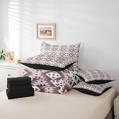 Erosebridal 7 Pcs Country Western Bedding Set Twin Native Aztec Southwestern Comforter Set Boho Exotic Bed in A Bag for Kids Girls Women Bohemian Mexican Diamond Quilt with Flat Fitted Sheet