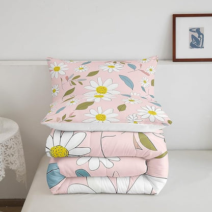 Manfei White Daisy Comforter Set Twin Size, Flower Leaves Bedding Set 2pcs for Kids Boys Girls Bedroom Decor, Botanical Floral Print Quilt Set Soft Polyester Duvet Set with 1 Pillowcase
