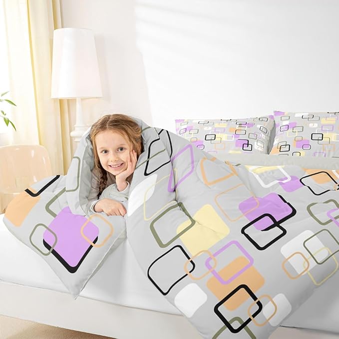 Erosebridal Retro Geometric Square Comforter Set Full Pastel Purple Grey Plaid Bedding Set Modern Abstract Checkerboard Comforter for Kids Girls Boys Checkered Latticed Quilt Duvet