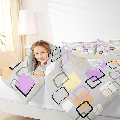 Erosebridal Retro Geometric Square Comforter Set Full Pastel Purple Grey Plaid Bedding Set Modern Abstract Checkerboard Comforter for Kids Girls Boys Checkered Latticed Quilt Duvet