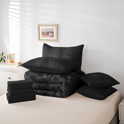 Erosebridal Ombre Black Grey Leopard Print King 7-Piece Comforter Set | Cheetah Fur Sheets and Pillowcases Animal Skin Pattern Bed in A Bag Women Men Adults Bed Sets