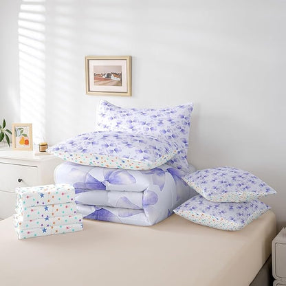 Feelyou Purple Bow Comforter Set with Sheets Twin Size Kids Bowknot 7 Pieces Bedding Set for Boys Girls Teens Gift for Girls Women Bed in a Bag Breathable Princess Décor Bed Set