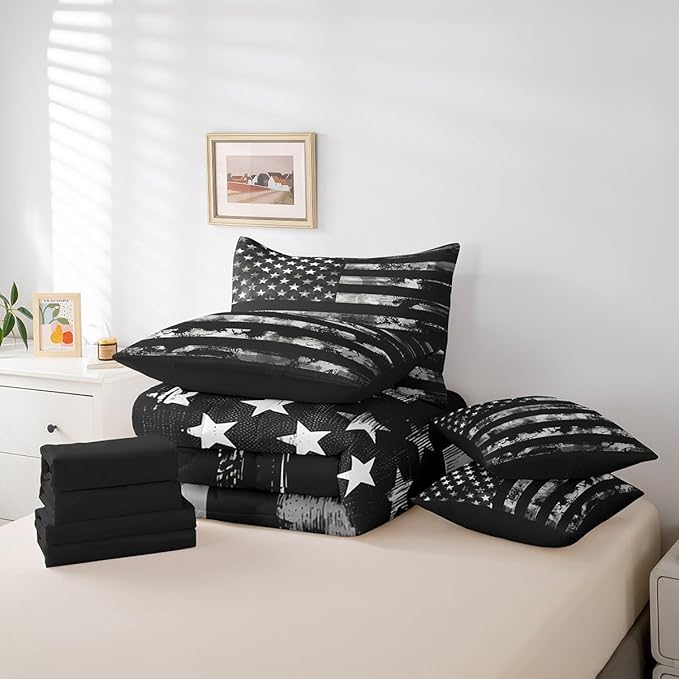 Erosebridal 7 Pcs Black Camo Comforter Set Full Size,Camouflage American Flag Bed in a Bag with Flat Fitted Sheet for Kids and Adults,Retro USA Flag Bedding Set with Pillowcases and Cushion Cases
