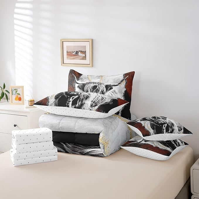 Erosebridal 7 Pcs Highland Cow Comforter Set Queen Size,Vintage Marble Bed in a Bag with Flat Fitted Sheet for Kids and Adults,Rustic Western Cow Bedding Set with Pillowcases and Cushion Cases