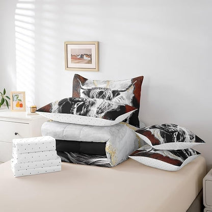 Erosebridal 7 Pcs Highland Cow Comforter Set Queen Size,Vintage Marble Bed in a Bag with Flat Fitted Sheet for Kids and Adults,Rustic Western Cow Bedding Set with Pillowcases and Cushion Cases